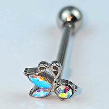 Load image into Gallery viewer, Aurora Gem Fleur de Lis Butterfly Barbell Tongue Ring
