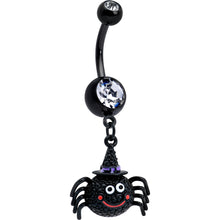 Load image into Gallery viewer, Clear Gem Black Smiling Spider Witch Halloween Dangle Belly Ring

