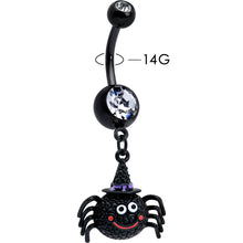 Load image into Gallery viewer, Clear Gem Black Smiling Spider Witch Halloween Dangle Belly Ring

