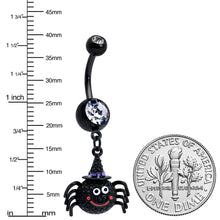 Load image into Gallery viewer, Clear Gem Black Smiling Spider Witch Halloween Dangle Belly Ring
