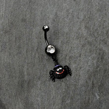 Load image into Gallery viewer, Clear Gem Black Smiling Spider Witch Halloween Dangle Belly Ring
