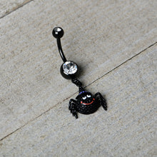 Load image into Gallery viewer, Clear Gem Black Smiling Spider Witch Halloween Dangle Belly Ring
