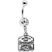 Load image into Gallery viewer, Officially Licensed Friday the 13th Clear Gem Camp Sign Dangle Belly Ring
