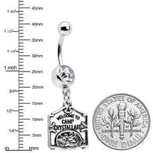 Load image into Gallery viewer, Officially Licensed Friday the 13th Clear Gem Camp Sign Dangle Belly Ring
