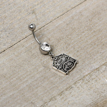 Load image into Gallery viewer, Officially Licensed Friday the 13th Clear Gem Camp Sign Dangle Belly Ring
