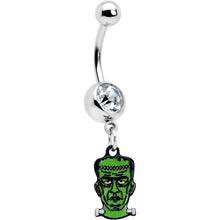 Load image into Gallery viewer, Clear Gem Frankenstein Head Green Glow in the Dark Dangle Belly Ring
