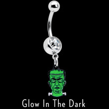 Load image into Gallery viewer, Clear Gem Frankenstein Head Green Glow in the Dark Dangle Belly Ring

