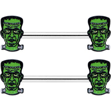 Load image into Gallery viewer, 14G 9/16 Frankenstein Head Green Glow in the Dark Nipple Ring Set
