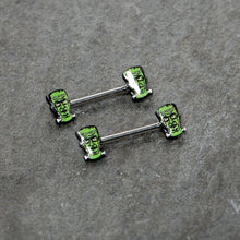 Load image into Gallery viewer, 14G 9/16 Frankenstein Head Green Glow in the Dark Nipple Ring Set
