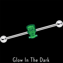 Load image into Gallery viewer, 14G Frankenstein Head Green Glow in Dark Industrial Barbell 38mm
