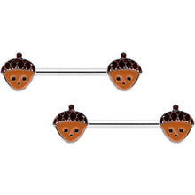 Load image into Gallery viewer, 14G 9/16 Autumn Acorn Face Brown Fall Barbell Nipple Ring Set
