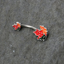 Load image into Gallery viewer, Autumn Tricolor Maple Leaves Red Green Orange Double Mount Belly Ring
