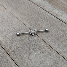 Load image into Gallery viewer, 14G Clear Gem Filigree Winter Snowflake Industrial Barbell 38mm
