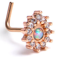 将图片加载到图库查看器，20G 7mm White Synthetic Opal Rose Gold Tone Lush L Shape Nose Ring
