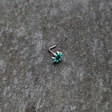 Load image into Gallery viewer, 20G 7mm Blue Gem Flower Teal Petals L Shape Nose Ring
