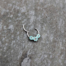Load image into Gallery viewer, 16G 3/8 Blue Gem Flower Trio Teal Petals Hinged Segment Ring

