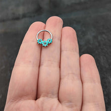 Load image into Gallery viewer, 16G 3/8 Blue Gem Flower Trio Teal Petals Hinged Segment Ring
