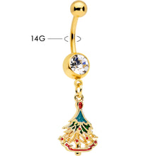 将图片加载到图库查看器，Clear Red Gem Gold Tone Decorated Holiday Tree Dangle Belly Ring
