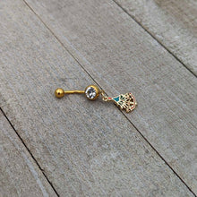 将图片加载到图库查看器，Clear Red Gem Gold Tone Decorated Holiday Tree Dangle Belly Ring
