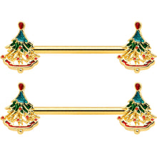 Load image into Gallery viewer, 14G 9/16 Red Gem Gold Hue Deco Holiday Tree Barbell Nipple Ring Set
