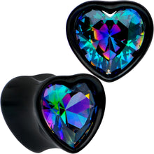 Load image into Gallery viewer, Medium Vitrail CZ Black Heart In Heart Double Flare Plug Set 8mm to 16mm
