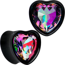 Load image into Gallery viewer, Medium Vitrail CZ Black Heart In Heart Double Flare Plug Set 8mm to 16mm
