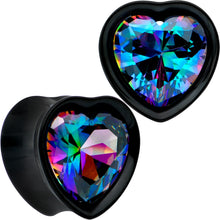 Load image into Gallery viewer, Medium Vitrail CZ Black Heart In Heart Double Flare Plug Set 8mm to 16mm
