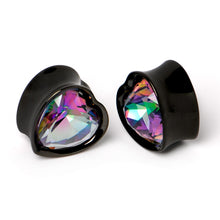 Load image into Gallery viewer, Medium Vitrail CZ Black Heart In Heart Double Flare Plug Set 8mm to 16mm
