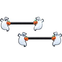 Load image into Gallery viewer, 14G 9/16 Black Halloween Pumpkin Ghost Barbell Nipple Ring Set
