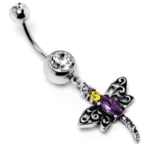 将图片加载到图库查看器，Clear Yellow Purple Gem Dragonfly Dangle Belly Ring
