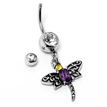 将图片加载到图库查看器，Clear Yellow Purple Gem Dragonfly Dangle Belly Ring
