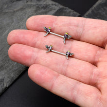 Load image into Gallery viewer, 14G 9/16 Purple Yellow Gem Dragonfly Barbell Nipple Ring Set

