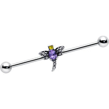 Load image into Gallery viewer, 14G Purple Yellow Gem Dragonfly Industrial Barbell 38mm
