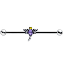 Load image into Gallery viewer, 14G Purple Yellow Gem Dragonfly Industrial Barbell 38mm
