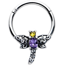 Load image into Gallery viewer, 16G 3/8 Purple Yellow Gem Dragonfly Hinged Segment Ring
