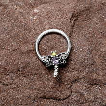 Load image into Gallery viewer, 16G 3/8 Purple Yellow Gem Dragonfly Hinged Segment Ring
