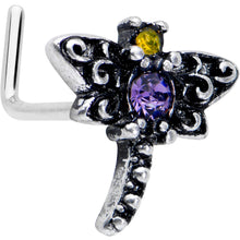 将图片加载到图库查看器，20G 7mm Purple Yellow Gem Dragonfly L Shape Nose Ring

