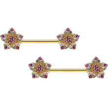 Load image into Gallery viewer, 14G 9/16 Pink Gem Gold Tone Texture Star Barbell Nipple Ring Set
