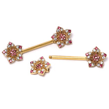 Load image into Gallery viewer, 14G 9/16 Pink Gem Gold Tone Texture Star Barbell Nipple Ring Set
