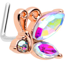 Load image into Gallery viewer, 20G 7mm Aurora CZ Gem Fleur de Lis Rosy Butterfly L Shape Nose Ring
