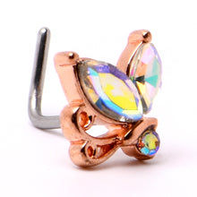 Load image into Gallery viewer, 20G 7mm Aurora CZ Gem Fleur de Lis Rosy Butterfly L Shape Nose Ring
