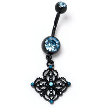 Load image into Gallery viewer, Blue Gem Black Lacy Rhombus Dangle Belly Ring
