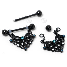 Load image into Gallery viewer, 14G 9/16 Blue Gem Black Lacy Rhombus Dangle Nipple Ring Set
