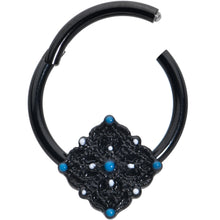 Load image into Gallery viewer, 16G 3/8 Black Lacy Rhombus Blue Hinged Segment Ring
