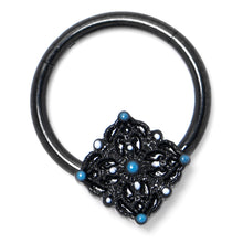 Load image into Gallery viewer, 16G 3/8 Black Lacy Rhombus Blue Hinged Segment Ring
