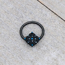 Load image into Gallery viewer, 16G 3/8 Black Lacy Rhombus Blue Hinged Segment Ring

