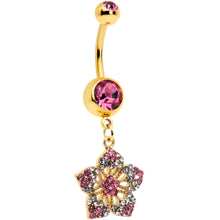 将图片加载到图库查看器，Pink Clear Gem Gold Tone Texture Star Dangle Belly Ring

