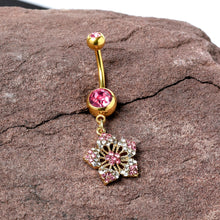 将图片加载到图库查看器，Pink Clear Gem Gold Tone Texture Star Dangle Belly Ring
