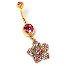 将图片加载到图库查看器，Pink Clear Gem Gold Tone Texture Star Dangle Belly Ring
