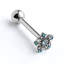 Load image into Gallery viewer, Blue Clear Gem Opulent Flower Barbell Tongue Ring
